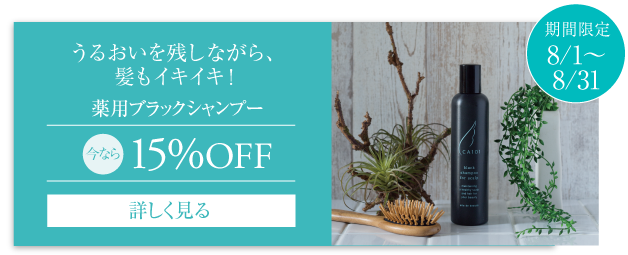 うるおいを残しながら、髪もイキイキ！薬用ブラックシャンプー 今なら15%OFF 期間限定8月1日から8月31日まで