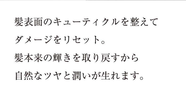 髪表面のキューティクルを整えてダメージをリセット。髪本来の輝きを取り戻すから自然なツヤと潤いが生れます。
